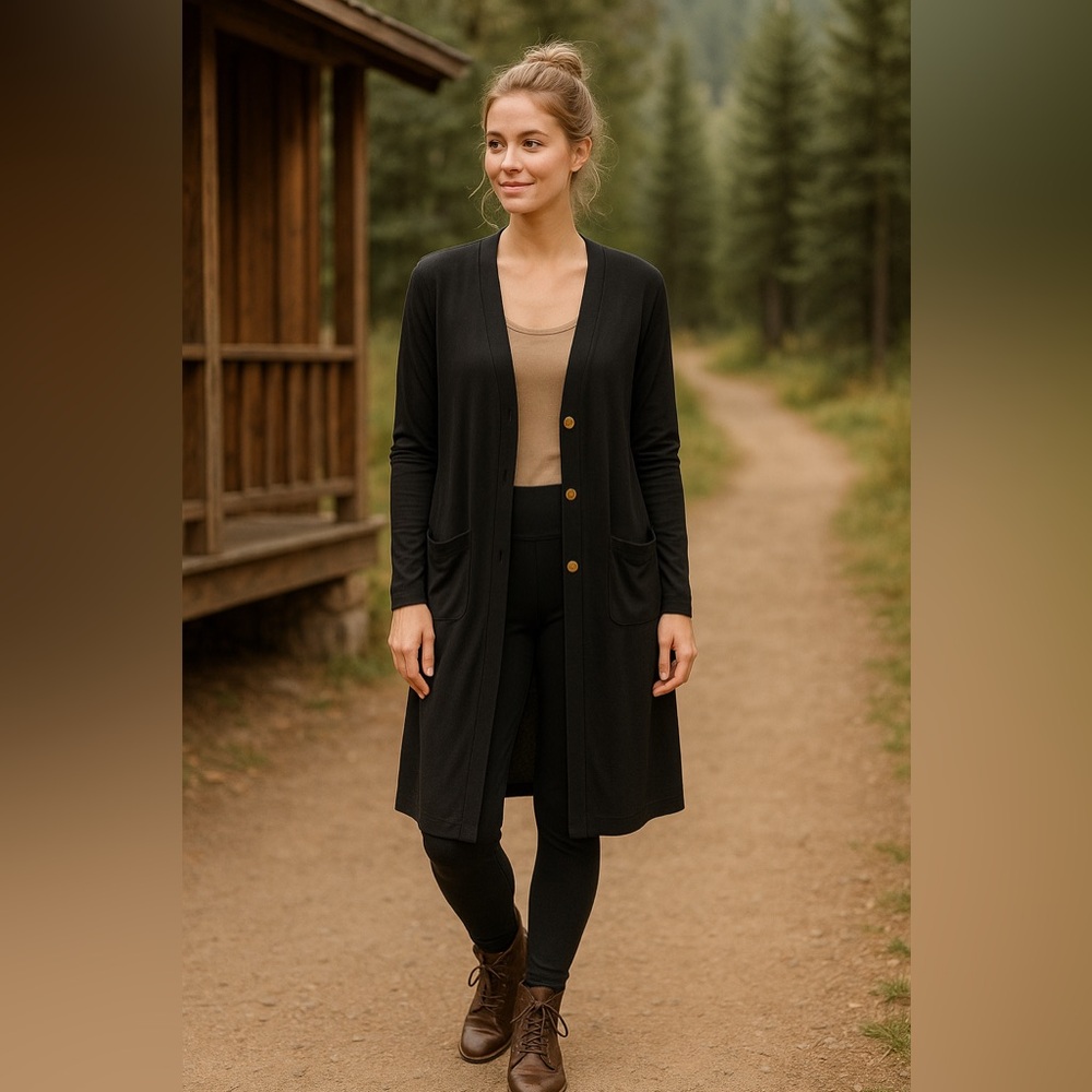 Soft & Cozy Black Long Bamboo Lounge Cardigan Duster Pockets Size 1X